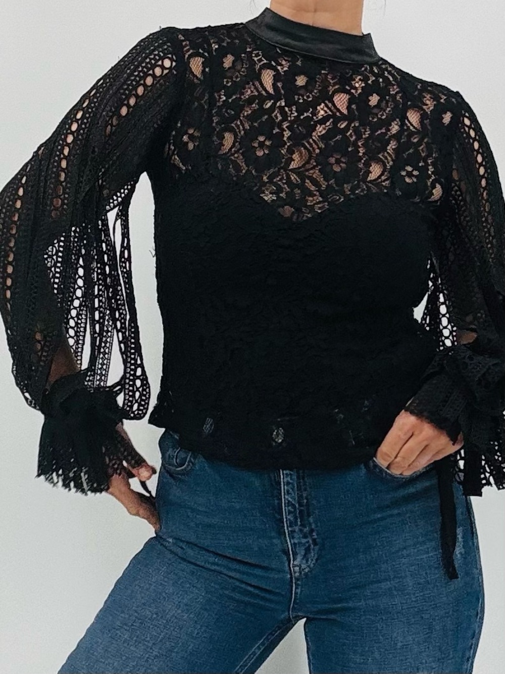Vintage Y2K Whimsigoth Fairycore Ethereal Goth Witchy Lace Crochet Sheer Blouse